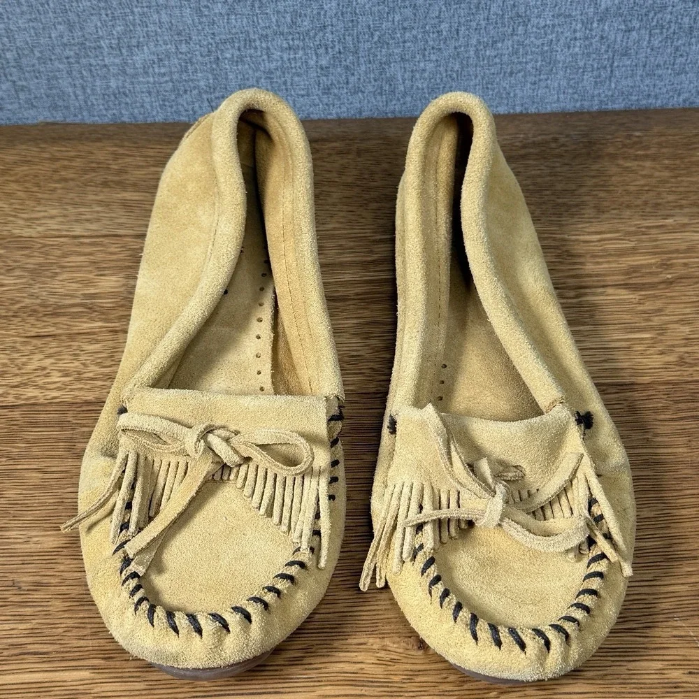 MINNETONKA Women's Side 7 Moccasins Leather Slip On Loafers Shoes 407 Tan